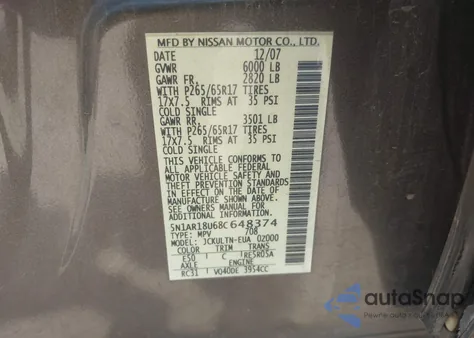 2008 Nissan Pathfinder Se from USA, damaged, VIN 5N1AR18U68C648374